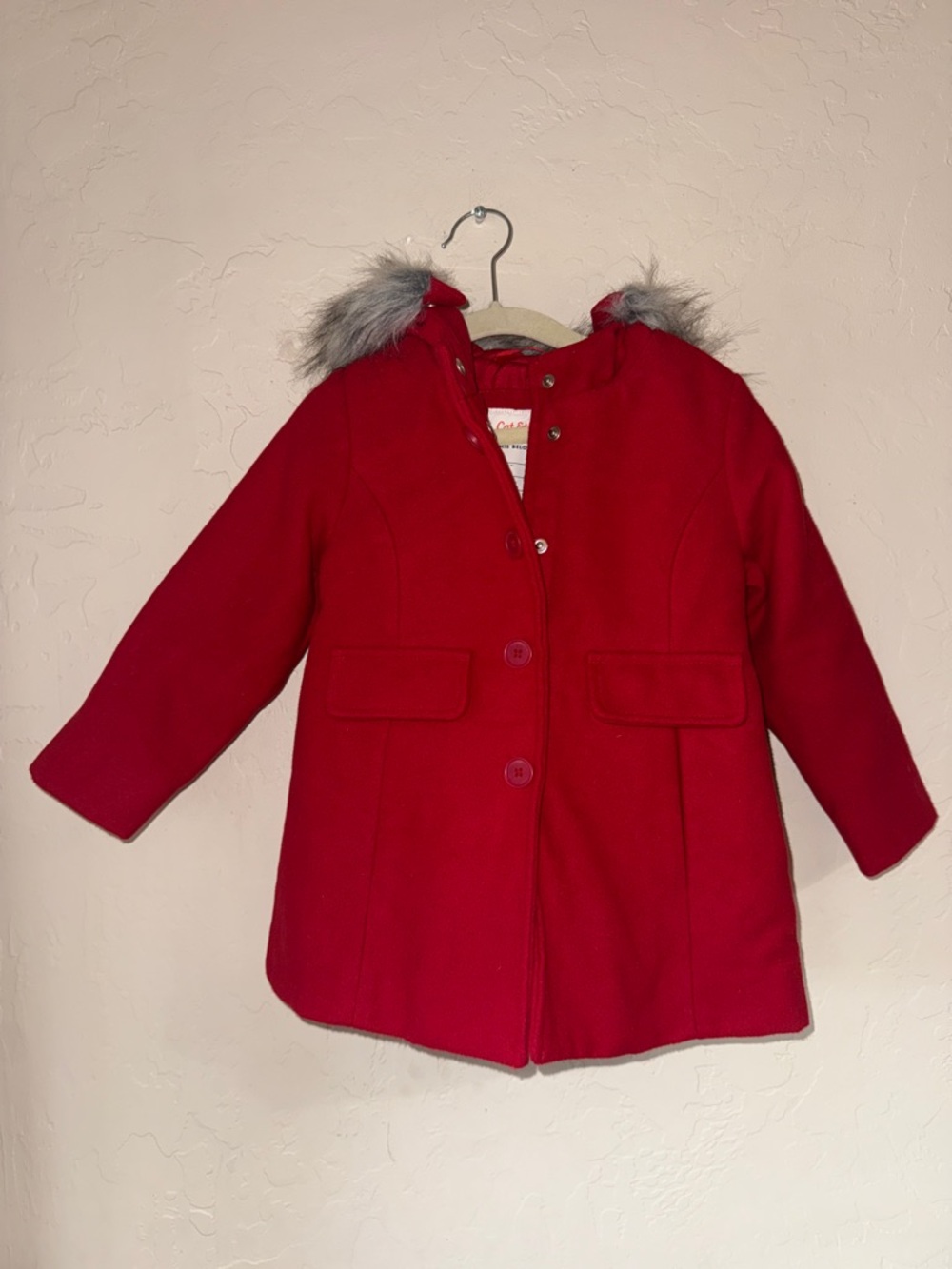 Red pea coat with faux fur lined hood girls 3t cat and Jack